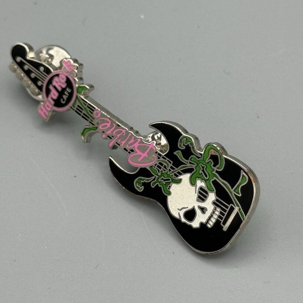 2008 Hard Rock Cafe Goth Punk Barbie Pin ONLY Black Guitar White Skull Lapel Hat